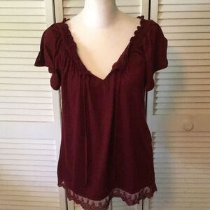 Top, No Boundaries Womens T Shirt, Large, Burgundy, Flowy